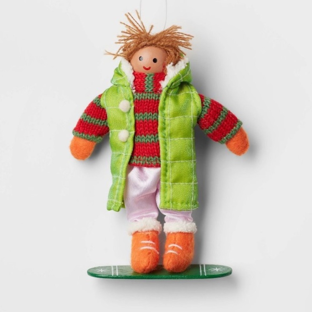 Fabric Wearing Striped Sweater Riding Snowboard Christmas Tree Ornament nwt